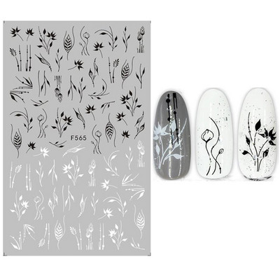 1 φύλλο Μαύρο λευκό λουλούδι σειρές 3D αυτοκόλλητο νυχιών πεταλούδα φύλλα αυτοκόλλητα συρόμενα χαρτί για νύχια Χαλκομανίες μανικιούρ Διακόσμηση