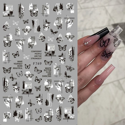 1 φύλλο Μαύρο λευκό λουλούδι σειρές 3D αυτοκόλλητο νυχιών πεταλούδα φύλλα αυτοκόλλητα συρόμενα χαρτί για νύχια Χαλκομανίες μανικιούρ Διακόσμηση