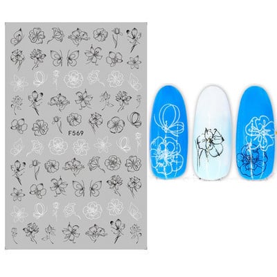 1 φύλλο Μαύρο λευκό λουλούδι σειρές 3D αυτοκόλλητο νυχιών πεταλούδα φύλλα αυτοκόλλητα συρόμενα χαρτί για νύχια Χαλκομανίες μανικιούρ Διακόσμηση