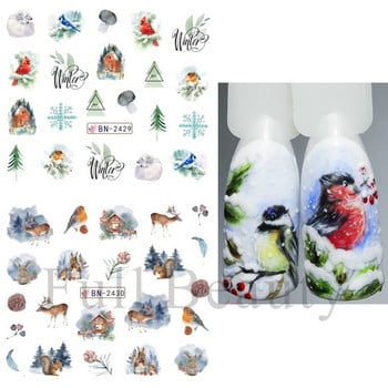 12Pcs Winter Water Decals Nail Art Deer Bear Snowbird Sliders Cottage Landscape Акварелни стикери за нокти Татуировки GLBN2425-2436