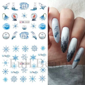 12Pcs Winter Water Decals Nail Art Deer Bear Snowbird Sliders Cottage Landscape Акварелни стикери за нокти Татуировки GLBN2425-2436