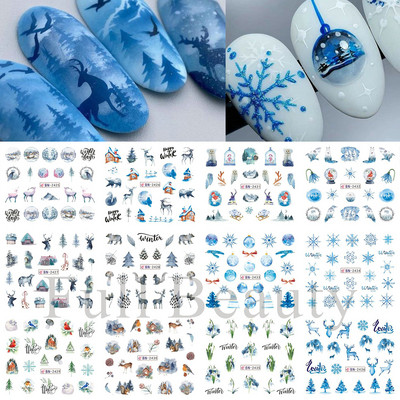 12 τμχ. Χαλκομανίες για το χειμώνα με νερό Nail Art Deer Bear Snowbird Sliders Cottage Landscape Ακουαρέλα αυτοκόλλητα νυχιών Τατουάζ GLBN2425-2436