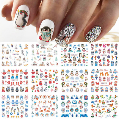 12 τμχ. Χαλκομανίες για το χειμώνα με νερό Nail Art Deer Bear Snowbird Sliders Cottage Landscape Ακουαρέλα αυτοκόλλητα νυχιών Τατουάζ GLBN2425-2436