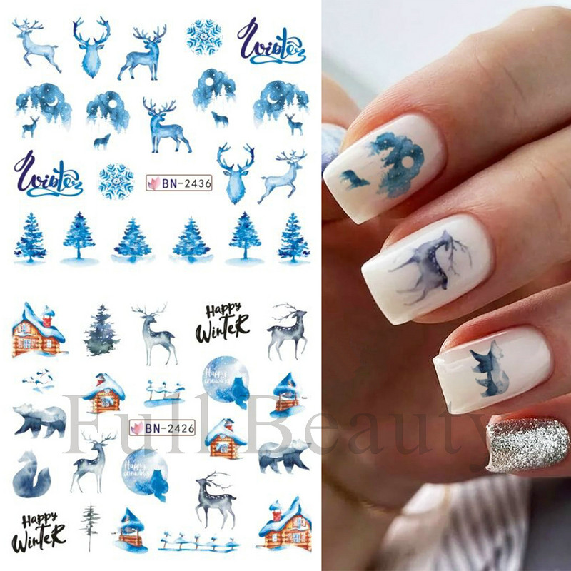 12 τμχ. Χαλκομανίες για το χειμώνα με νερό Nail Art Deer Bear Snowbird Sliders Cottage Landscape Ακουαρέλα αυτοκόλλητα νυχιών Τατουάζ GLBN2425-2436