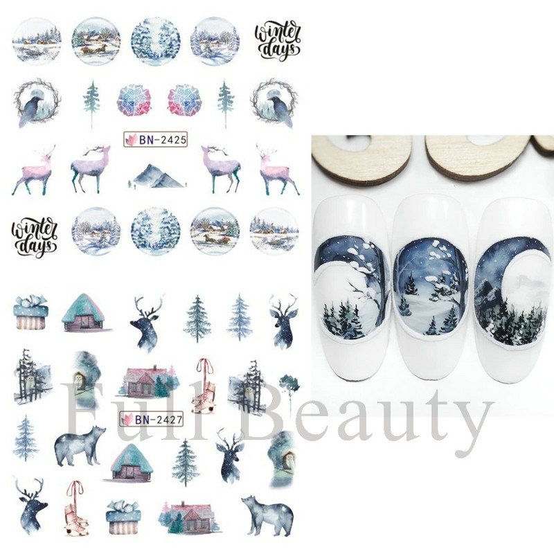 12 τμχ. Χαλκομανίες για το χειμώνα με νερό Nail Art Deer Bear Snowbird Sliders Cottage Landscape Ακουαρέλα αυτοκόλλητα νυχιών Τατουάζ GLBN2425-2436