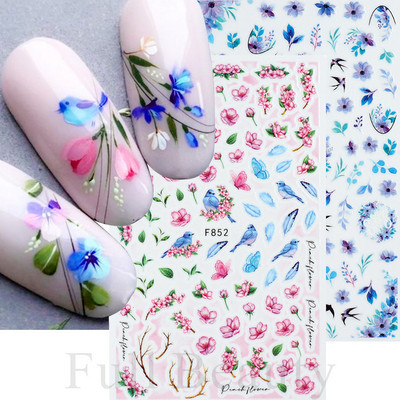 3D Sakura bezdelīgas uzlīmes uz nagu Saules puķes lapas putns multfilmas orhidejas slīdņi Waterpaint nagu dizaina manikīrs SAF844-853