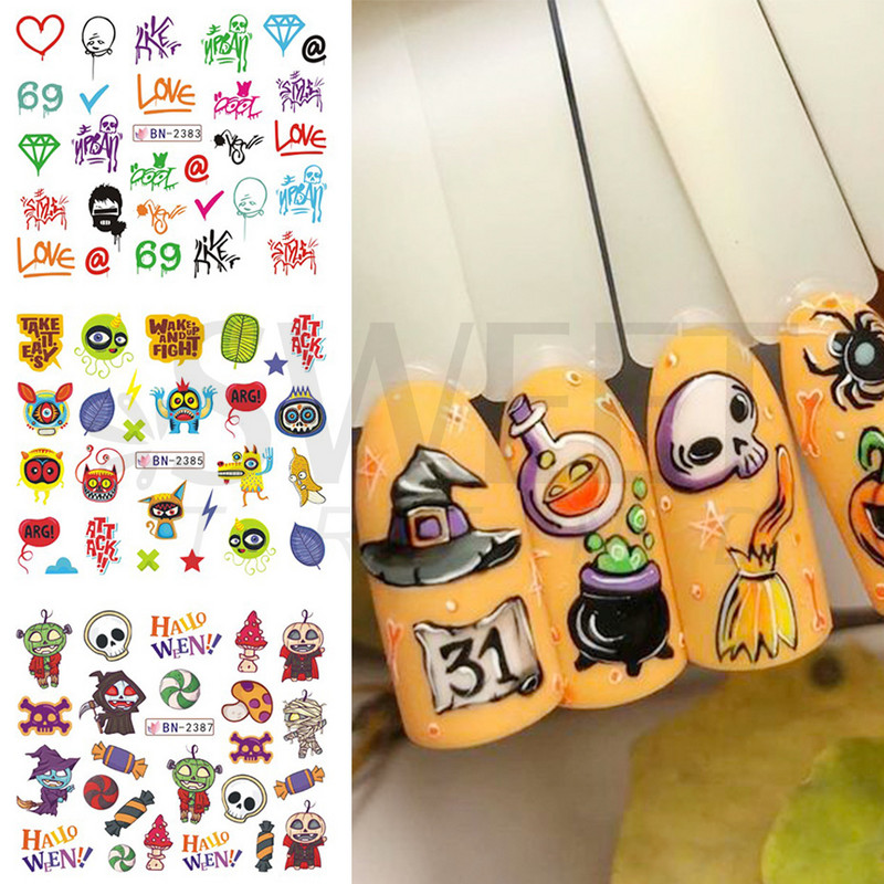 12 tk Multikas Halloweeni küünekleebised liugur Lõbus kõrvits Nõid Kloun Kolju maniküür Kaunistus Veeülekande küünte kleebised BEBN