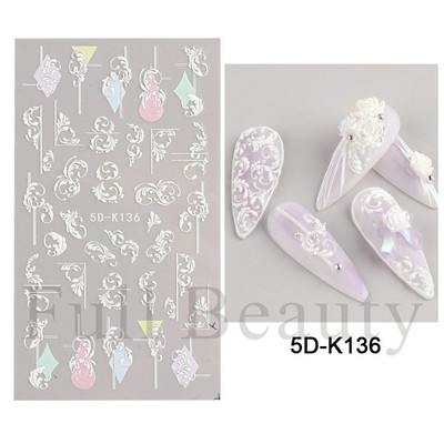 5D Λευκό λουλούδι ανάγλυφο αυτοκόλλητα νυχιών Μπουκέτο Αυτοκόλλητα γάμου Διακόσμηση Αφηρημένα λουλούδια Dreamcatcher Sliders LA5D-K162