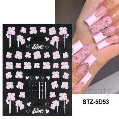 5D Λευκό λουλούδι ανάγλυφο αυτοκόλλητα νυχιών Μπουκέτο Αυτοκόλλητα γάμου Διακόσμηση Αφηρημένα λουλούδια Dreamcatcher Sliders LA5D-K162