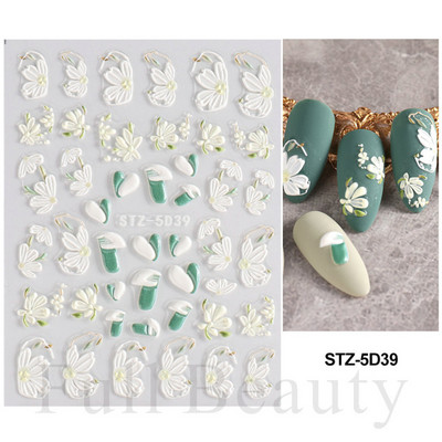 5D Λευκό λουλούδι ανάγλυφο αυτοκόλλητα νυχιών Μπουκέτο Αυτοκόλλητα γάμου Διακόσμηση Αφηρημένα λουλούδια Dreamcatcher Sliders LA5D-K162