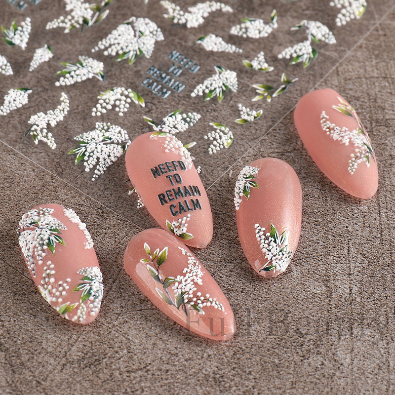 5D Λευκό λουλούδι ανάγλυφο αυτοκόλλητα νυχιών Μπουκέτο Αυτοκόλλητα γάμου Διακόσμηση Αφηρημένα λουλούδια Dreamcatcher Sliders LA5D-K162