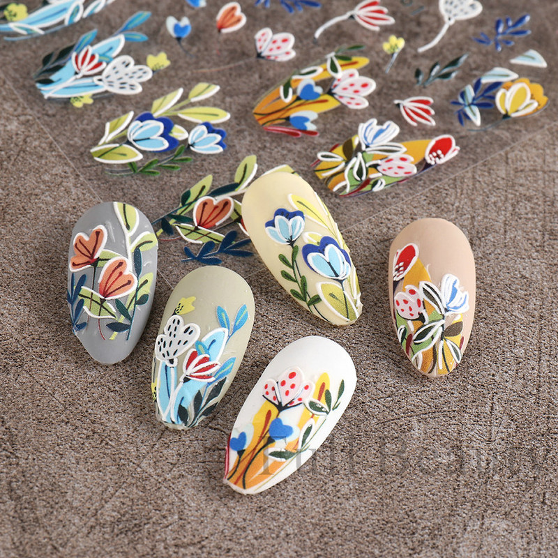 5D Λευκό λουλούδι ανάγλυφο αυτοκόλλητα νυχιών Μπουκέτο Αυτοκόλλητα γάμου Διακόσμηση Αφηρημένα λουλούδια Dreamcatcher Sliders LA5D-K162