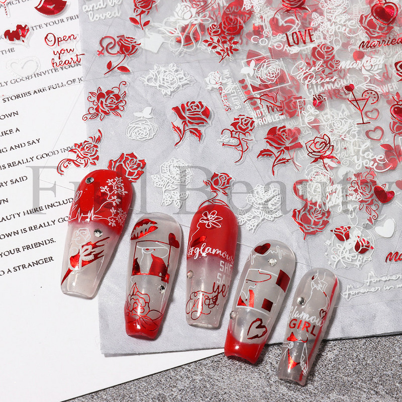 3D стикери за нокти за Свети Валентин Романтичен анимационен любовник Червена роза Целувка на булката Плъзгачи Пълна опаковка Аксесоари за нокти GLCJ037-45