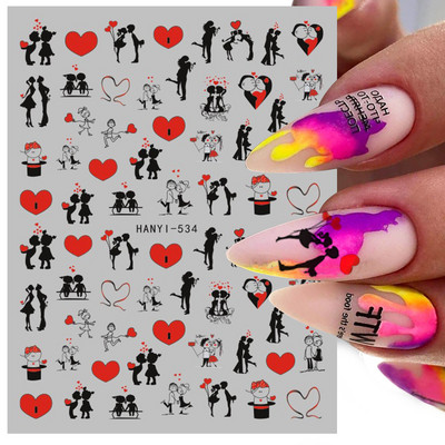 Σειρά για την Ημέρα του Αγίου Βαλεντίνου 3D αυτοκόλλητα νυχιών τέχνης Μαύρο Love Heart Slider Κόκκινο χρυσό Ρομαντικά χαλκομανίες Αξεσουάρ νυχιών Μανικιούρ