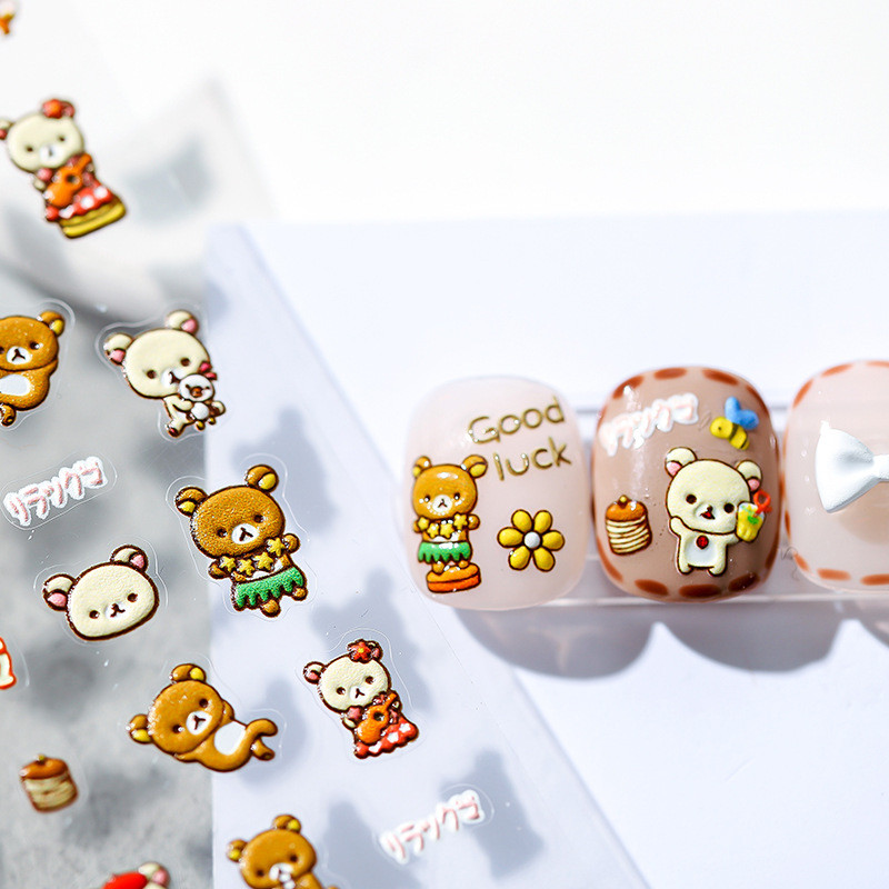 Aranyos medve körömdíszítő matricák 5D dombornyomott anime körömmatricák körömragasztó transzfer csúszka DIY körömdíszítés manikűr