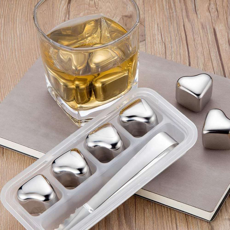 Rozsdamentes acél jégkockák csíptetővel, szív alakú, hűsítő kövek Italok jégkövek hűtő Whiskey borozóhoz Konyhai kellékek