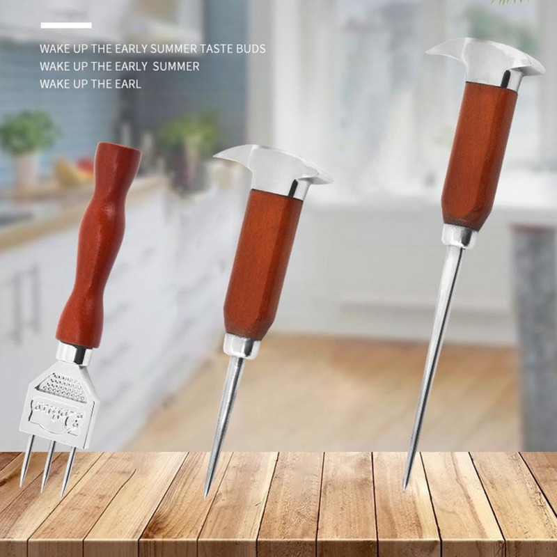 Daugiafunkcis ledo rinktuvas trijų šakų masyvios medienos rankena nerūdijančio plieno kokteilių barmeno rankinis ledo smulkintuvo baro priedai