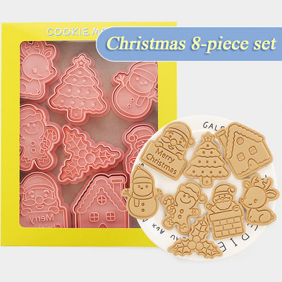 8Pcs 3D коледни резачки за бисквитки Форма за бисквити Дядо Коледа Снежен човек Дърво Елк Форма за бисквитки Печат Коледно новогодишно парти Декор Инструменти за печене