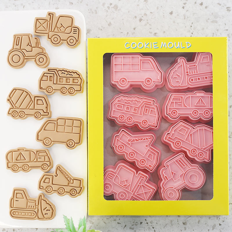 8 bucăți/set de tăietori pentru biscuiți pentru camion de inginerie din plastic 3D cu desene animate, matriță presabilă pentru biscuiți, ștampila pentru prăjituri, bucătărie, coacere, produse de patiserie