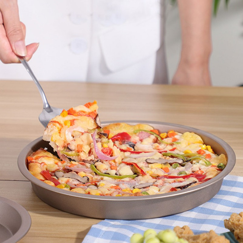 Tavă antiaderentă pentru pizza, forma rotundă pentru tort, din oțel carbon, cuptor cu microunde, tavă de servire, reutilizabilă, rezistentă la căldură, pentru bucătărie de acasă