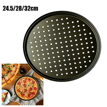 24,5/28/32CM въглеродна стомана незалепваща форма за печене на пица, кръгла мрежеста тава, плоча, съд за печене на фурна с дупки, форма за тава за пица