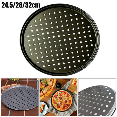 24,5/28/32CM въглеродна стомана незалепваща форма за печене на пица, кръгла мрежеста тава, плоча, съд за печене на фурна с дупки, форма за тава за пица
