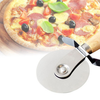 Кръгла резачка за пица Нож за пица от неръждаема стомана Дървена дръжка Нож за пица Резачка за сладкиши Резачка за макаронени изделия Кухненски аксесоари