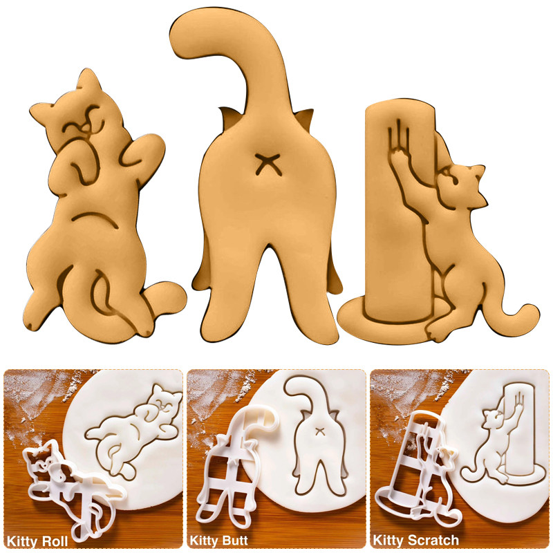 3 buc/set Pisică Kitty Butt Forme pentru prăjituri Mucegai DIY Crăciun 3D Biscuiți Mucegai pentru Copii Copii Drăguț Ustensile de copt din plastic Instrument de copt