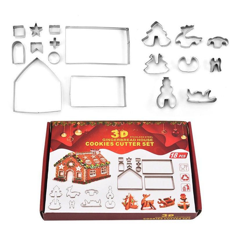 Χριστουγεννιάτικο Σετ κόφτη μπισκότων σπιτιού μελόψωμο 3D από ανοξείδωτο ατσάλι Φόρμα μπισκότων Φοντάν Εργαλείο ψησίματος Διακοσμητικό πάρτι