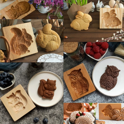 Дървена форма за джинджифилови сладки, анимационни животни, коледен модел, 3D релефна форма за печене на торта, форми за бисквитки, джаджи за пекарни