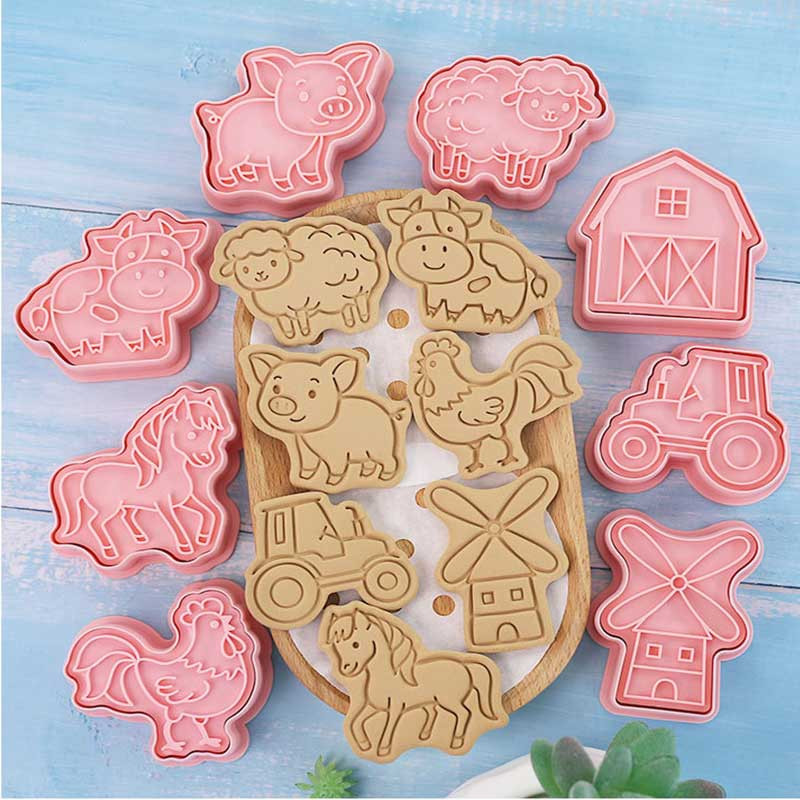 8 tk Põllumajandusloomade küpsiselõikurid tempel 3D multifilm hobune siga lambaliha lehm küpsis Fondant küpsetusvormid köögi kondiitritooted küpsetusnõud