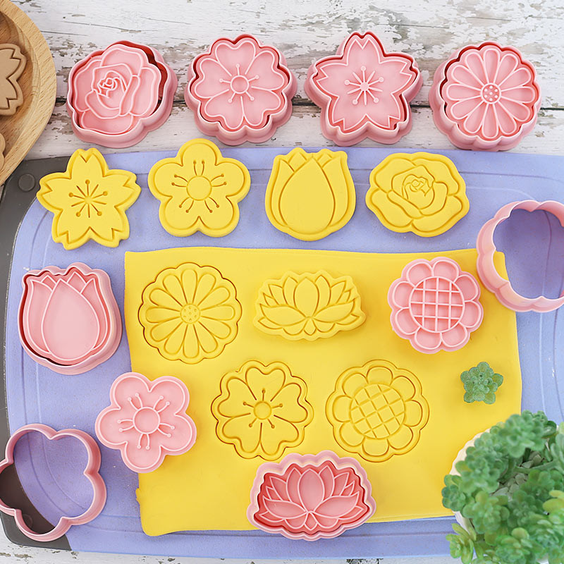 8 bucăți/set tăietori de biscuiți din plastic 3D în formă de floare de desene animate matriță presabilă pentru biscuiți ștampila pentru prăjituri de bucătărie coacere produse de patiserie