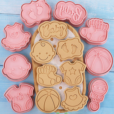 8Pcs Baby Theme Cartoon Cookie Embosser Cutters 3D Baby Shower Дрънкалки Топка Дрехи Крака Пола Чорапи Форма за бисквити Инструменти за торта