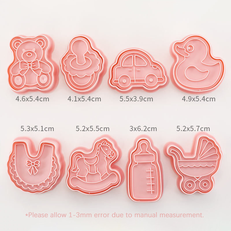 8 tk Beebiteemaline multifilm küpsise reljeeflõikurid 3D beebi dušš kõristid palliriided jalad seelikud sokid küpsisevormid koogitööriistad
