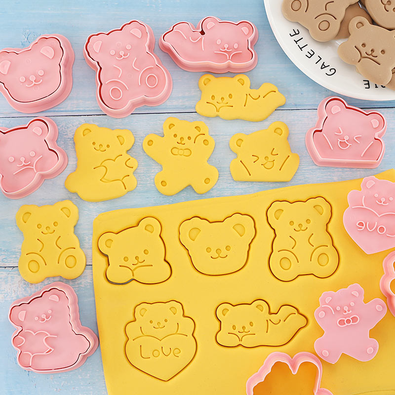 8 τεμάχια/σετ Κόφτες μπισκότων σε σχήμα αρκούδας Πλαστικά τρισδιάστατα κινούμενα σχέδια με πιεστική φόρμα μπισκότων Σφραγίδα μπισκότων Κουζίνας ζαχαροπλαστικής ζαχαροπλαστικής