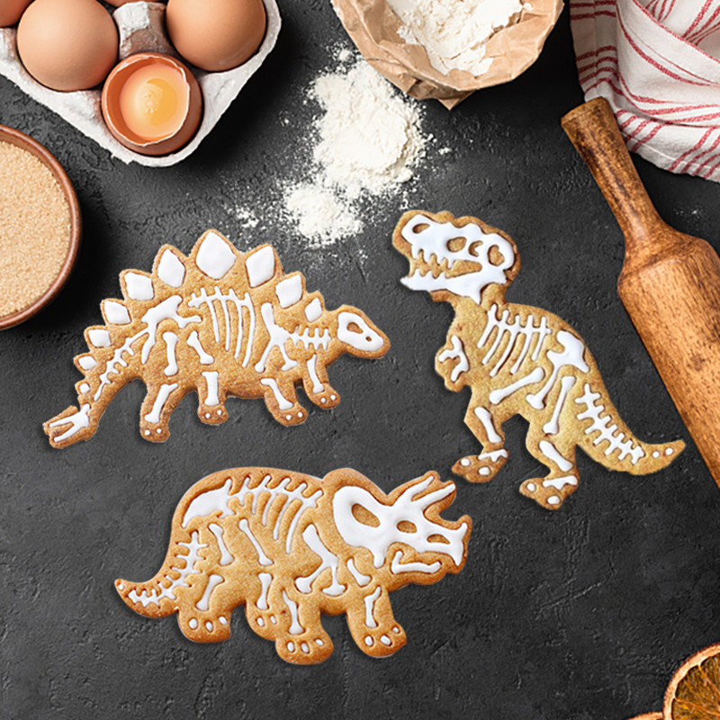 3 buc/set Dispozitiv de tăiat prăjituri cu dinozaur 3D Desert Fondant Tort Embsing Mold Desert Coacerea din plastic DIY Accesorii pentru tort de aniversare
