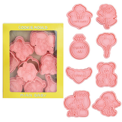 8 tk / komplekt Love Heart Valentinipäeva kingitus Roos DIY Couple Cartoon küpsiste vorm küpsise lõikur 3D küpsise vorm plastist küpsetusvorm