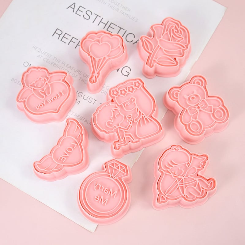 8 τμχ/Σετ Love Heart Δώρο για την Ημέρα του Αγίου Βαλεντίνου Τριαντάφυλλο DIY Ζευγάρι Μορφή για μπισκότα καρτούν Κόφτης μπισκότων 3D Φόρμα μπισκότων Πλαστική φόρμα ψησίματος