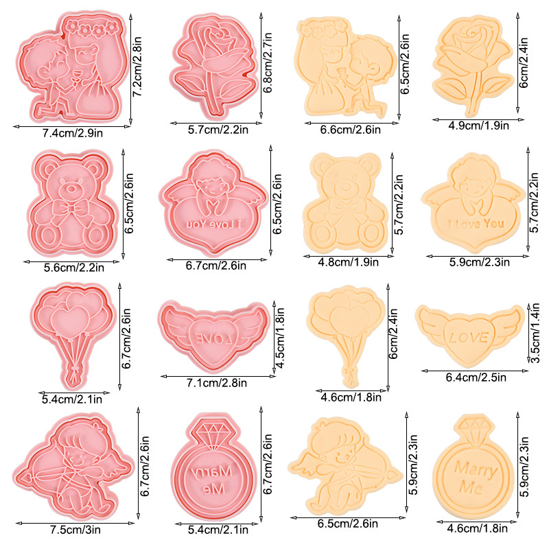8 τμχ/Σετ Love Heart Δώρο για την Ημέρα του Αγίου Βαλεντίνου Τριαντάφυλλο DIY Ζευγάρι Μορφή για μπισκότα καρτούν Κόφτης μπισκότων 3D Φόρμα μπισκότων Πλαστική φόρμα ψησίματος