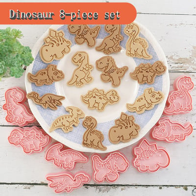 8 bucăți/set forme de prăjituri din plastic 3D în formă de dinozaur de desene animate matriță presabilă pentru biscuiți ștampila pentru prăjituri bucătărie coacere produse de patiserie