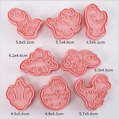 8 τεμάχια/σετ κόφτες μπισκότων Πλαστικά 3D σχήματος δεινοσαύρων κινουμένων σχεδίων που πιέζεται φόρμα μπισκότων Σφραγίδα μπισκότων κουζίνας ζαχαροπλαστικής ψησίματος