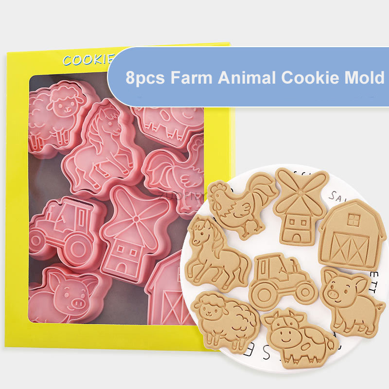 8 τμχ Κόφτες για μπισκότα αγροτικών ζώων Σφραγίδα τρισδιάστατων κινουμένων σχεδίων άλογο γουρούνι πρόβατο αγελάδας Φοντάν μπισκότων Καλούπια ψησίματος Εργαλείο ζαχαροπλαστικής κουζίνας