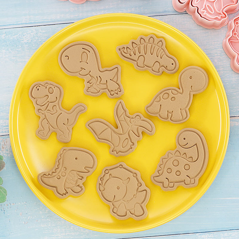 8 tk/komplekt dinosauruse kujuga küpsiselõikurid plastikust 3D multikas Pressitav küpsisevorm küpsisetempel Köök Küpsetamine Kondiitritooted Küpsetusnõud