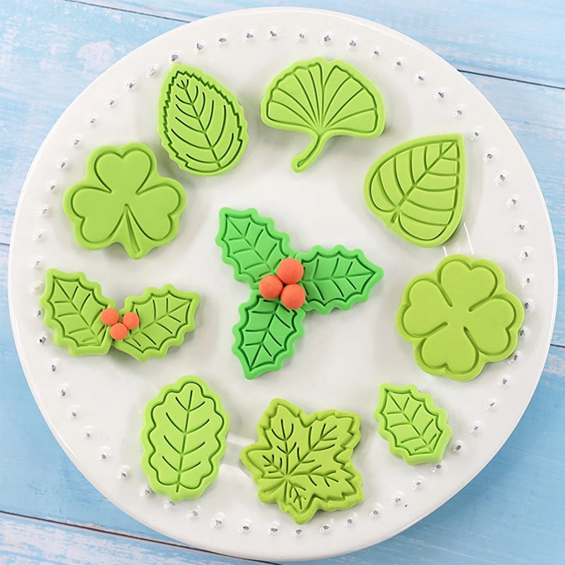 8db/készlet Növényi levelek Sütemény Vágó Keksz Forma 3D Nyomó Bélyeg Levél Fondant Tortaforma Barkácsolás Sütő tészta Szerszám Konyhai sütőedények