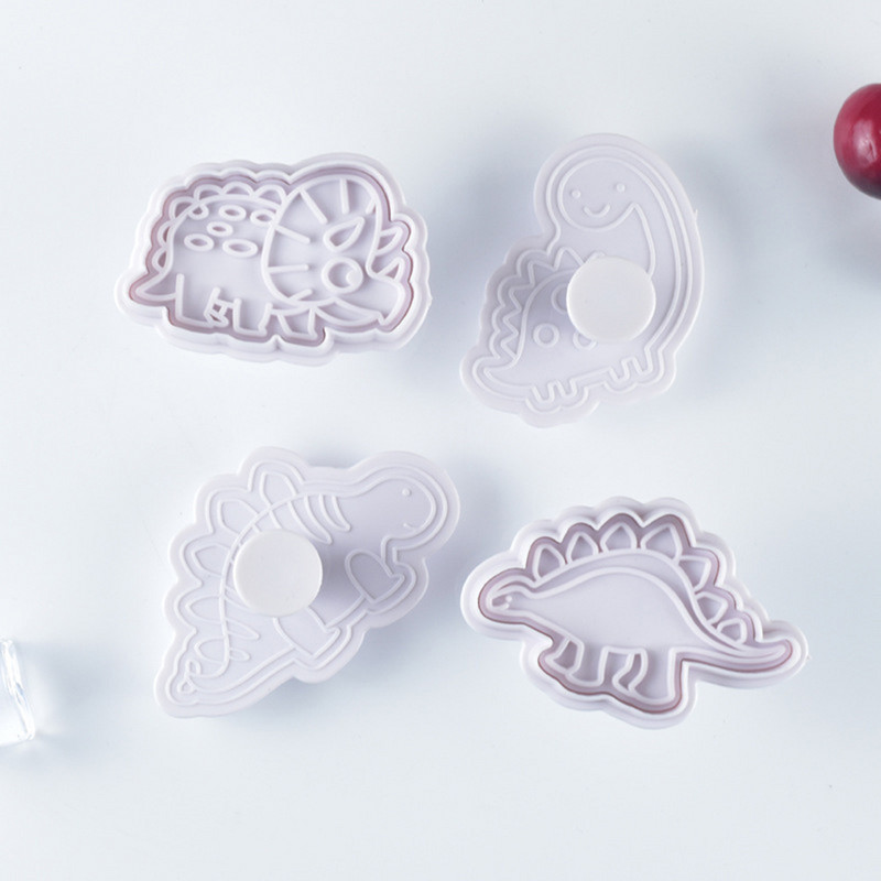 4 tk / komplekt dinosauruse küpsisekolb lõikur Multikas küpsetusvorm küpsise tempel biskviitvorm looma kuju küpsise lõikurid küpsetustööriistad