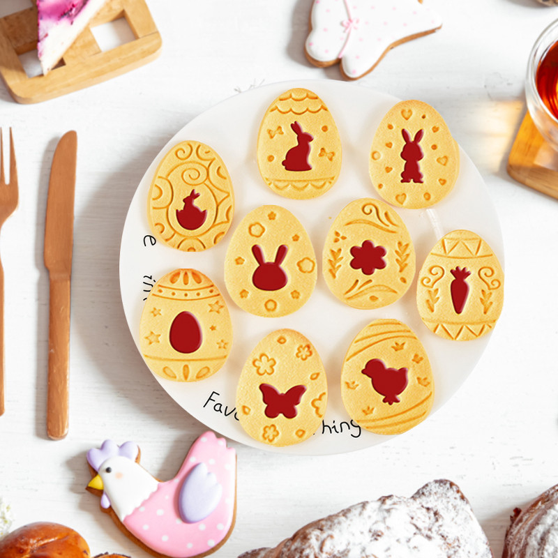 9 tk/komplekt Lihavõttejänese küpsisevorm Plastikust jänkumuna küpsise lõikuri tempel Reljeef, DIY Küpsetustööriistad Lihavõttepeo koogi kaunistamine