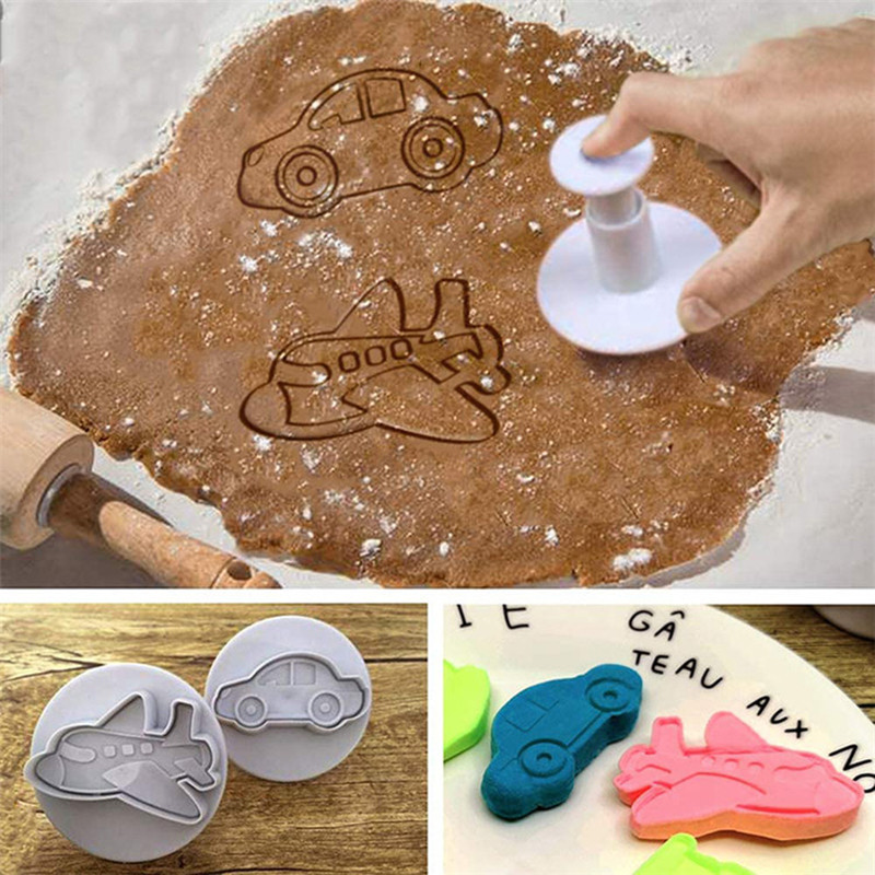 4/8 τμχ Τρισδιάστατος κόφτης για μπισκότα αυτοκινήτου αεροπλάνο τρένο φόρμα μπισκότων ψησίματος σφραγίδα χεριού τύπου έμβολο Sugarcraft Cookie Fondant Cutters