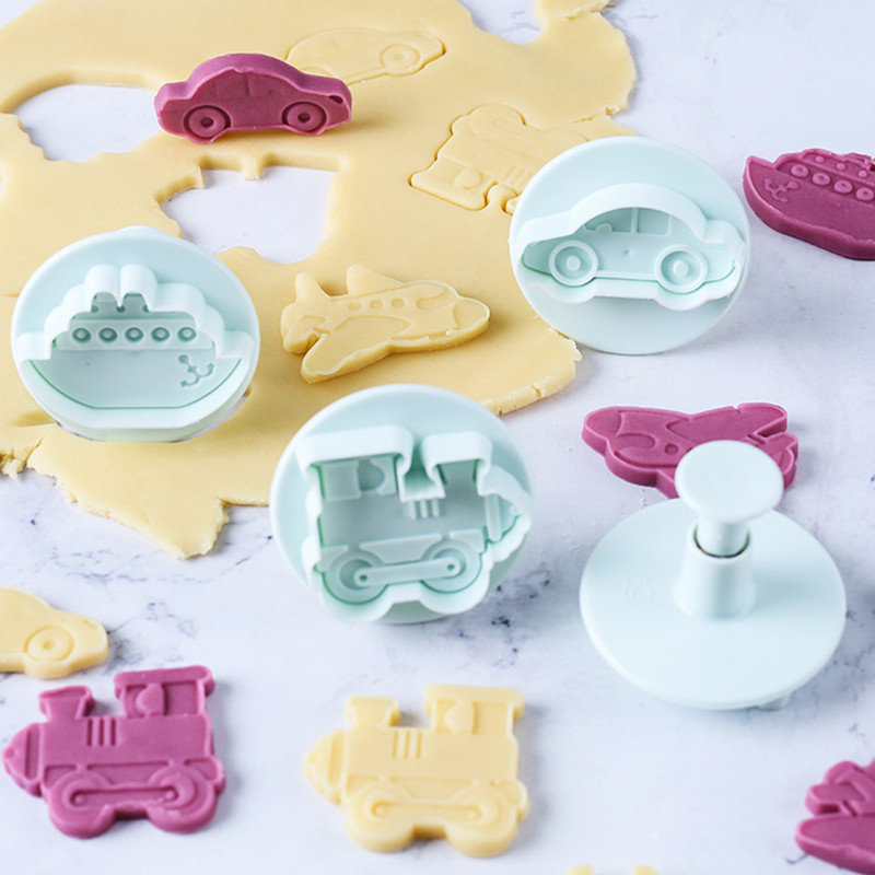 4/8 τμχ Τρισδιάστατος κόφτης για μπισκότα αυτοκινήτου αεροπλάνο τρένο φόρμα μπισκότων ψησίματος σφραγίδα χεριού τύπου έμβολο Sugarcraft Cookie Fondant Cutters