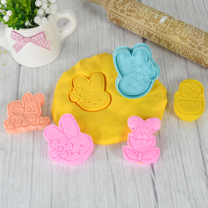 4 τεμ/Σετ Καλούπια για μπισκότα με μπλε κουνέλι για το Πάσχα 3D Cartoon Μπισκότο Μπισκότο Κουνελάκι Ανάγλυφη εκτύπωση DIY Εργαλεία ψησίματος για διακόσμηση πασχαλινής τούρτας
