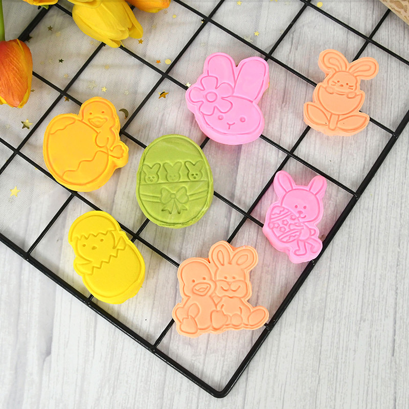 4 τεμ/Σετ Καλούπια για μπισκότα με μπλε κουνέλι για το Πάσχα 3D Cartoon Μπισκότο Μπισκότο Κουνελάκι Ανάγλυφη εκτύπωση DIY Εργαλεία ψησίματος για διακόσμηση πασχαλινής τούρτας